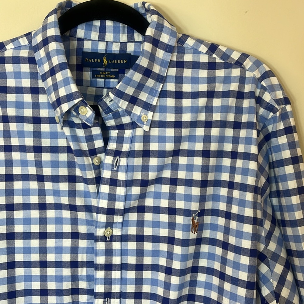 Ralph Lauren Slim Fit Blue & White Checkered Shirt with Brown Pony